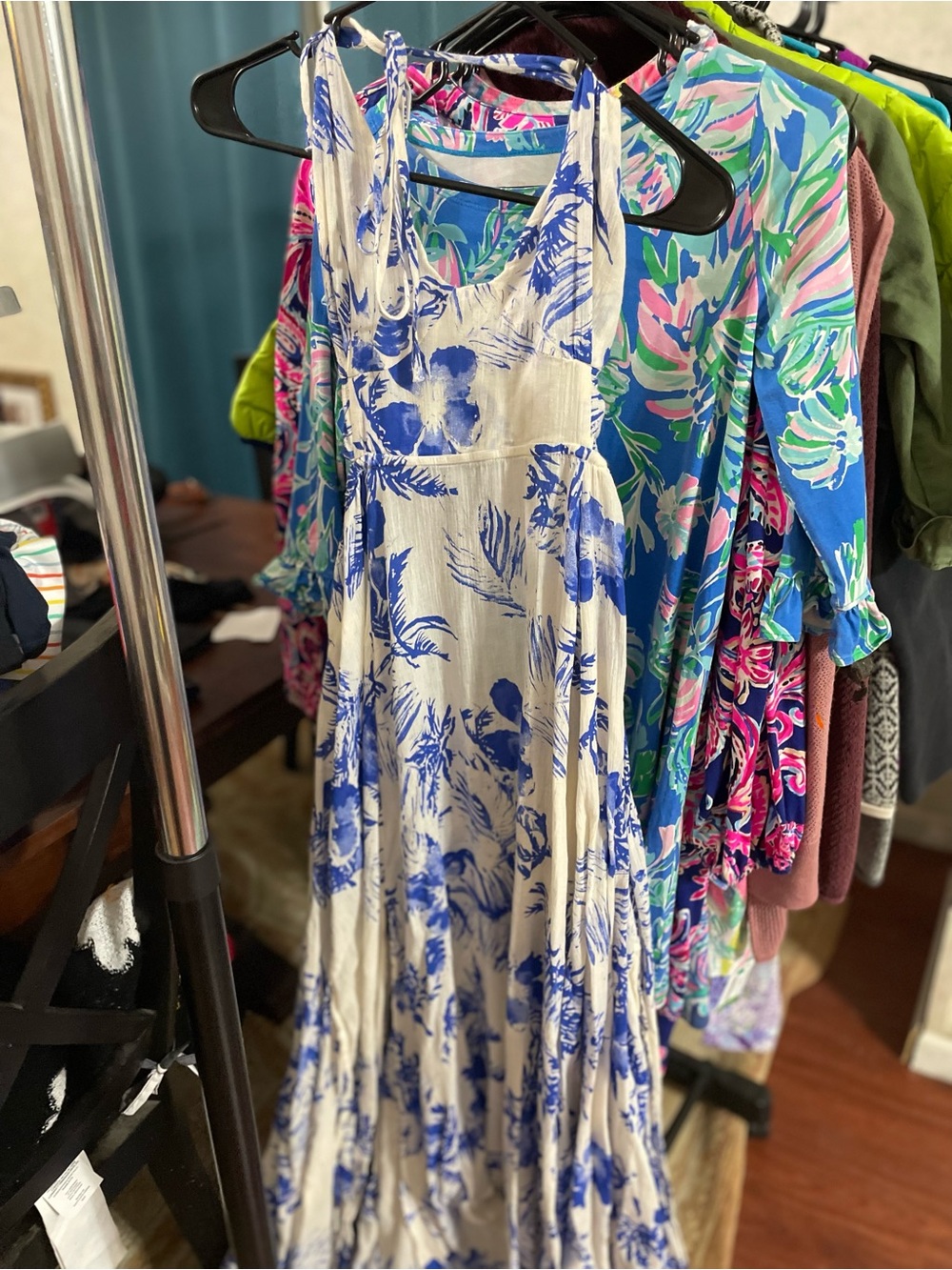 Free People Blue Floral Tie-Strap Maxi Dress - White & Blue